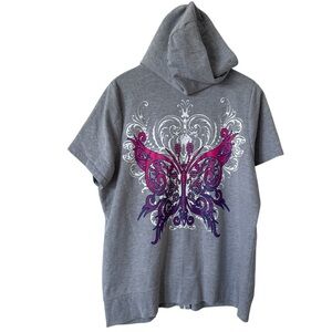 Y2K 90s Zip Up Hoodie Short Sleeve Sweatshirt Butterfly Fairygrunge Whimsy